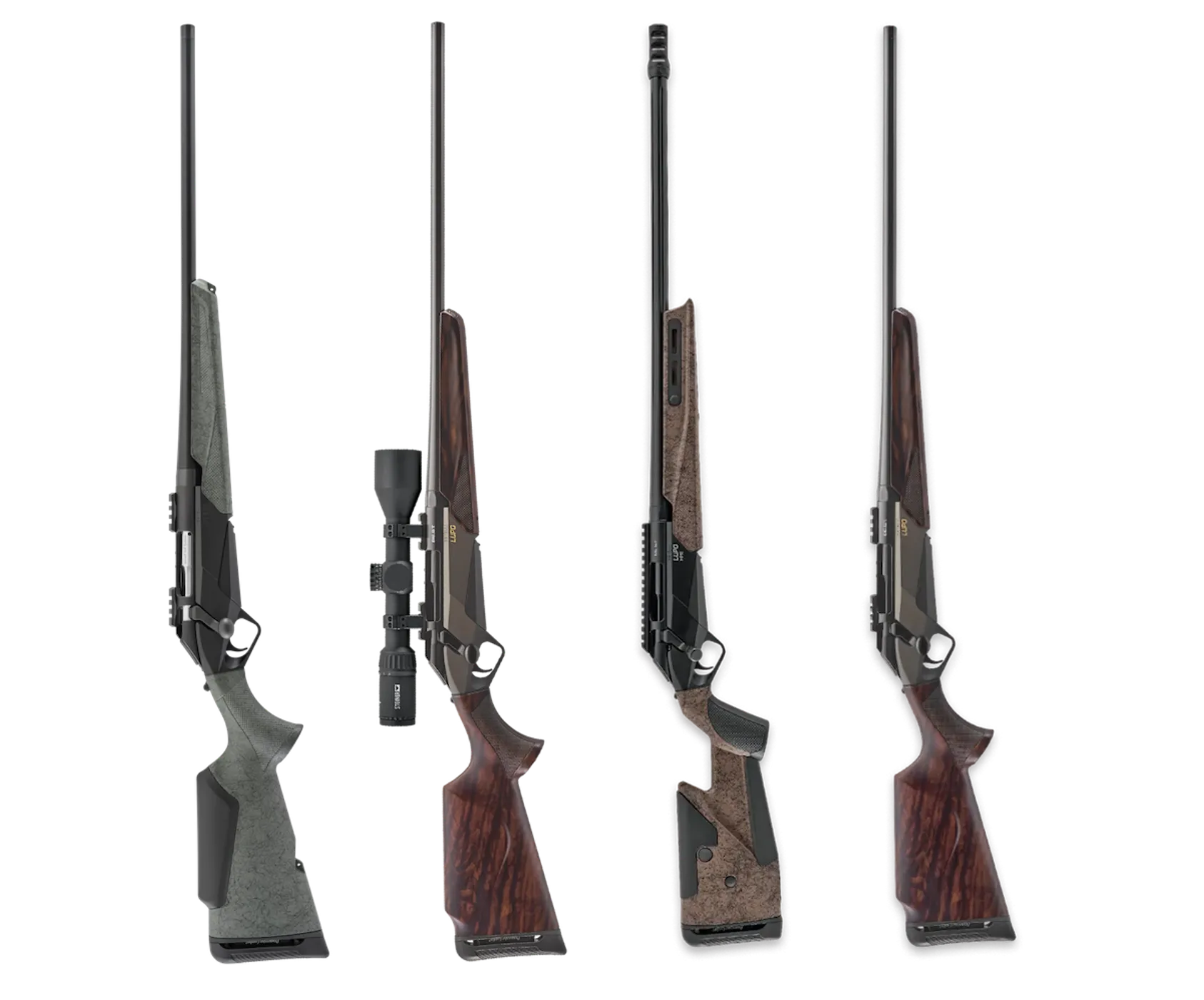 Four bolt-action rifles with various wood and synthetic stocks displayed side by side with mounted scopes and flashlight